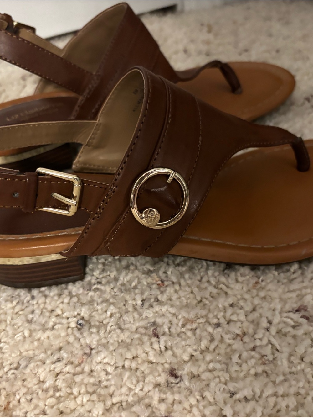 Liz Claiborne Brown Leather Slingback Sandals with Gold Ring Detail